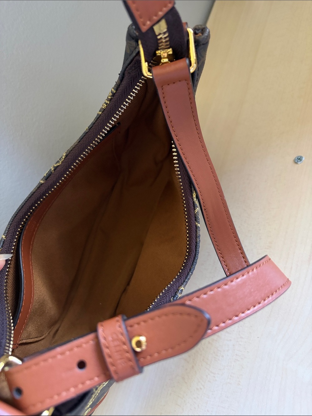 Brown Leather-Trim Shoulder Bag
